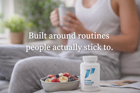 Lifestyle wellness image showing a calm morning routine with supplements, fresh food, and the text “Built around routines people actually stick to.”